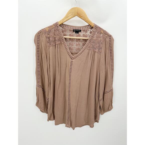 New Directions Brown V-Neck Long Sleeve Semi Sheer Top Women's Size Small S - Picture 1 of 10